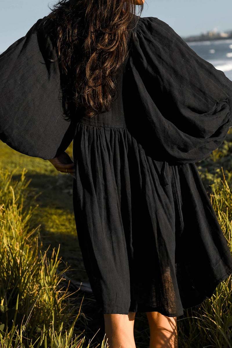 Balloon Sleeve V-Neck Dress