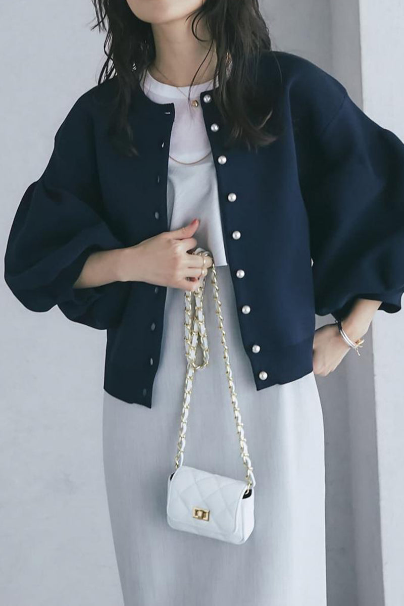 Balloon Sleeve Pearl Button Cardigan