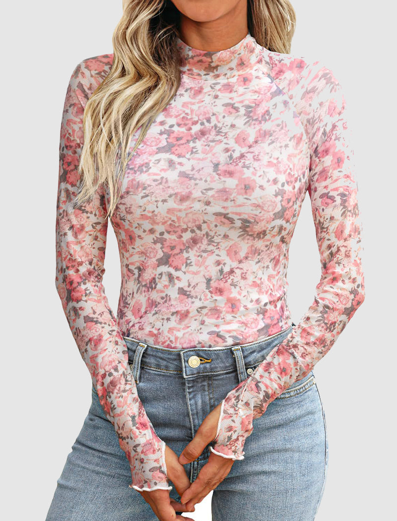 Floral Mesh Thumbhole Long Sleeve Top