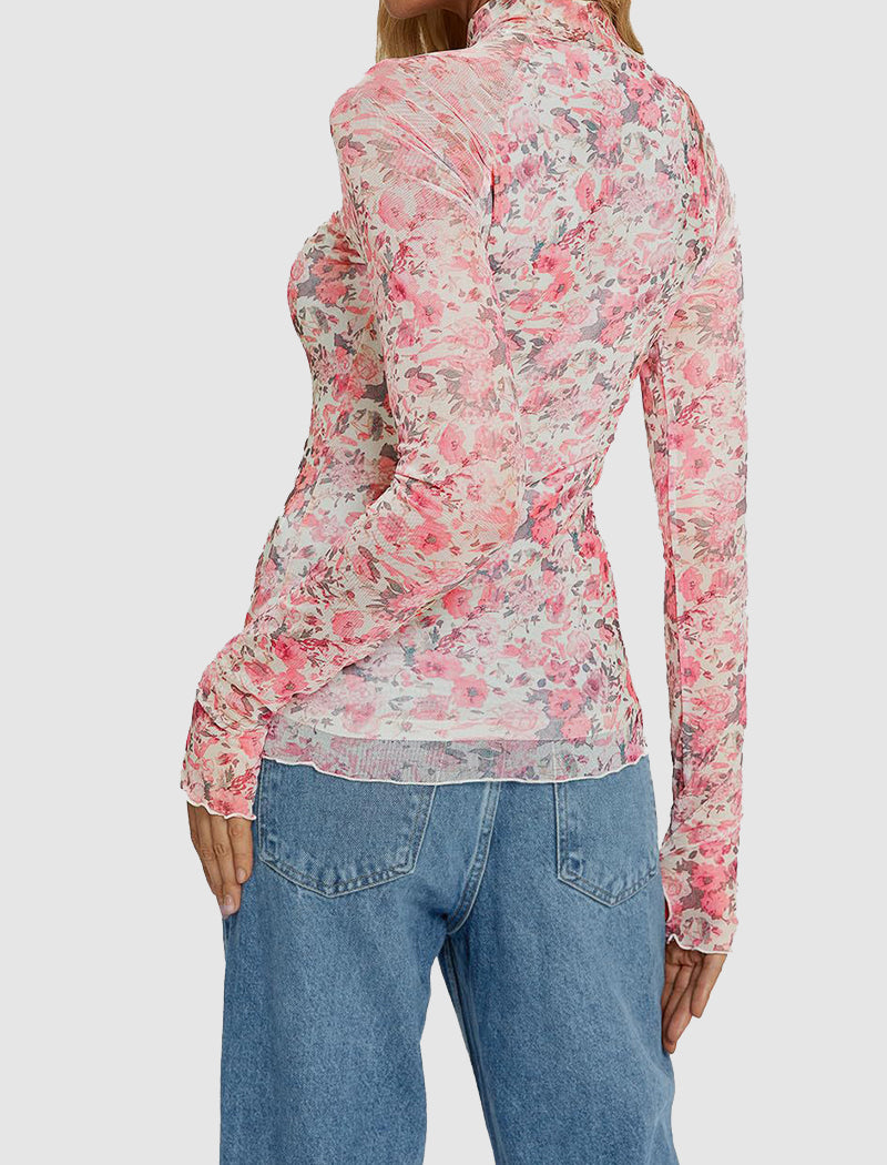 Floral Mesh Thumbhole Long Sleeve Top