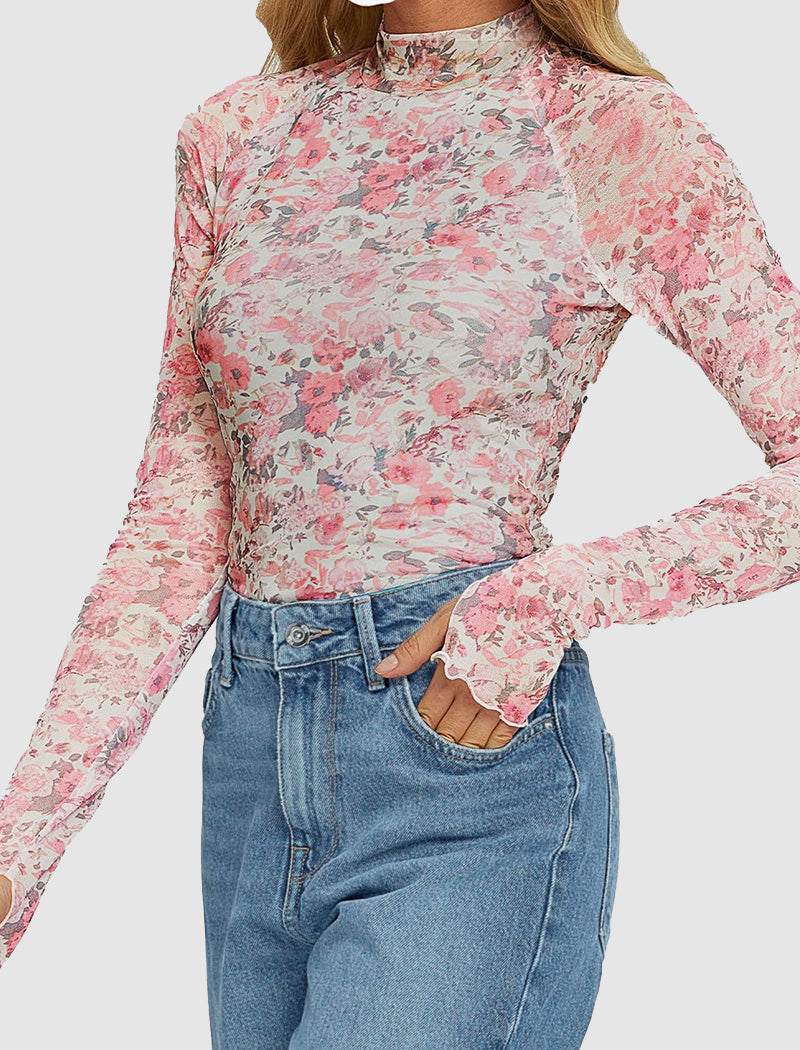 Floral Mesh Thumbhole Long Sleeve Top