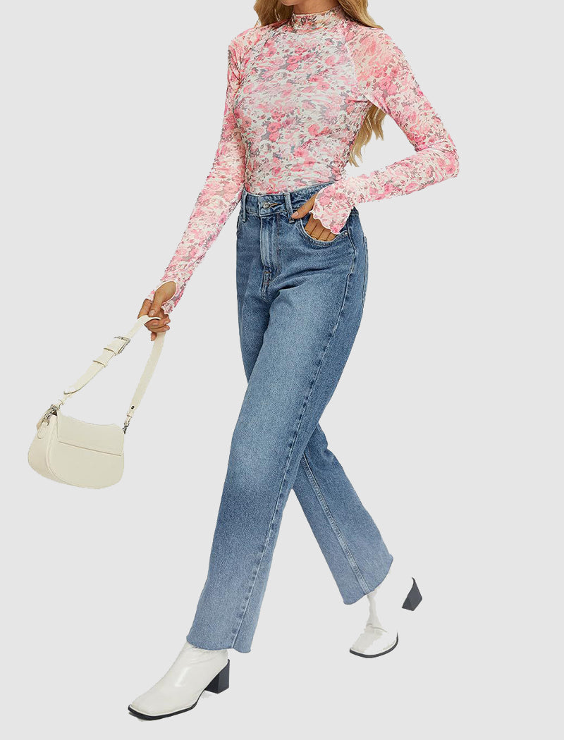 Floral Mesh Thumbhole Long Sleeve Top