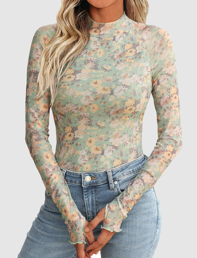 Floral Mesh Thumbhole Long Sleeve Top