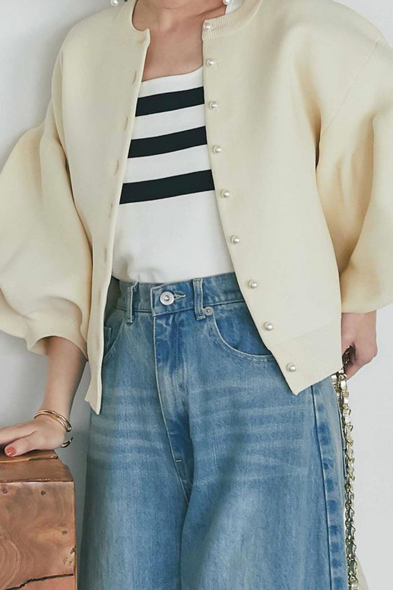 Balloon Sleeve Pearl Button Cardigan