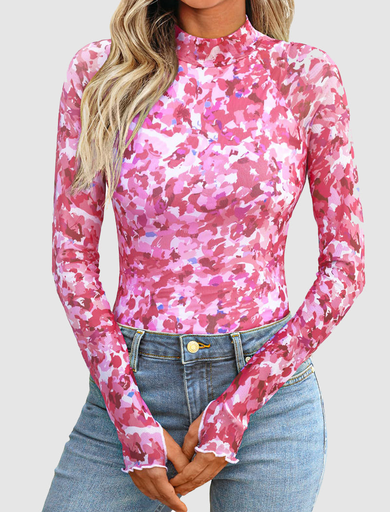 Floral Mesh Thumbhole Long Sleeve Top