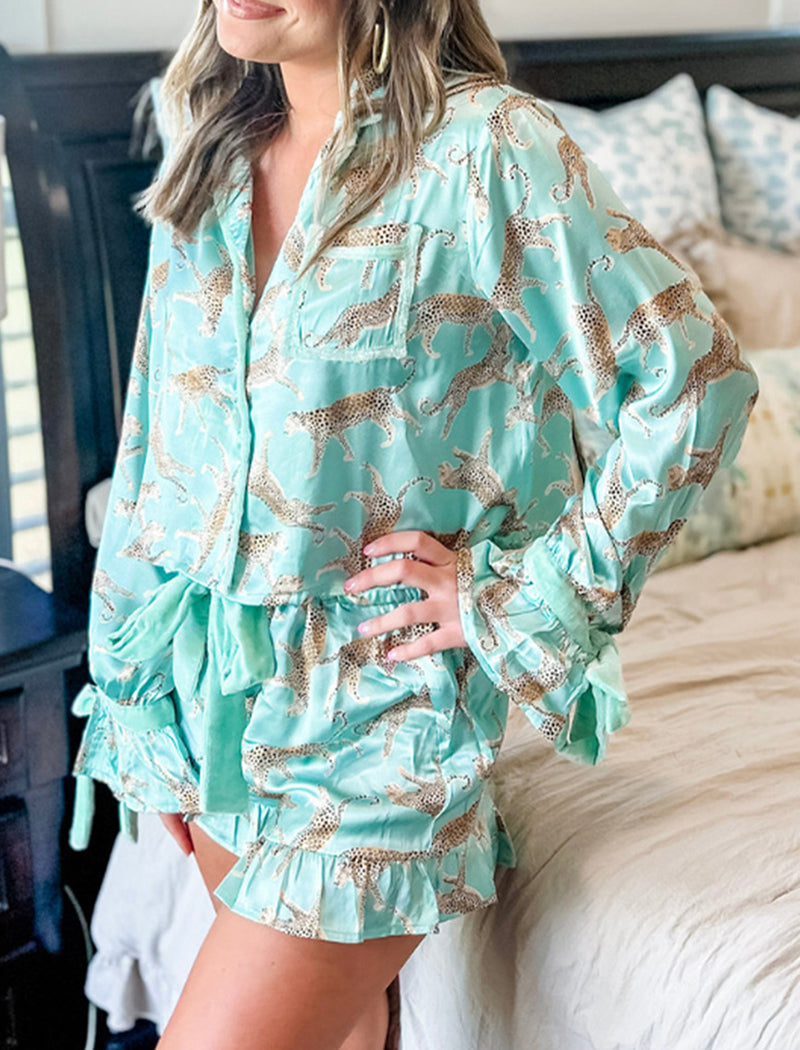 Leopard Print Satin Pajama Set