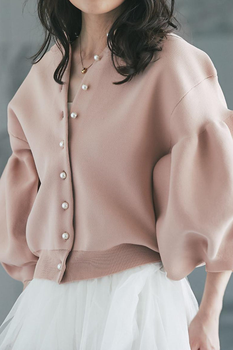 Balloon Sleeve Pearl Button Cardigan