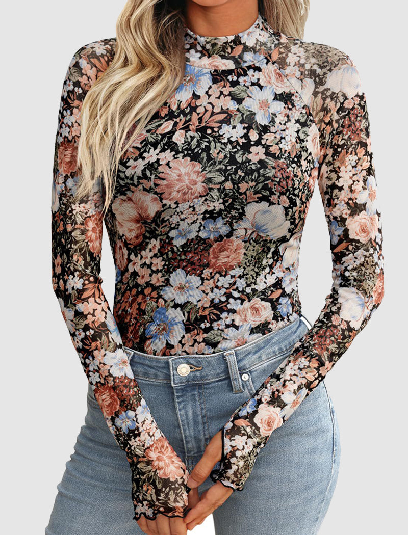 Floral Mesh Thumbhole Long Sleeve Top