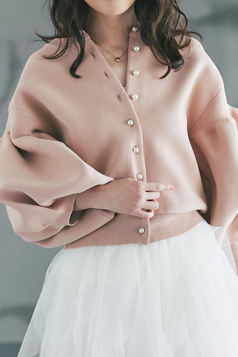 Balloon Sleeve Pearl Button Cardigan
