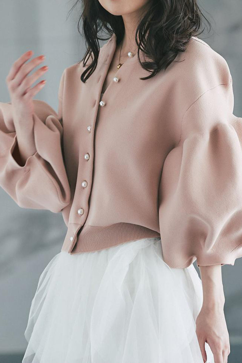Balloon Sleeve Pearl Button Cardigan
