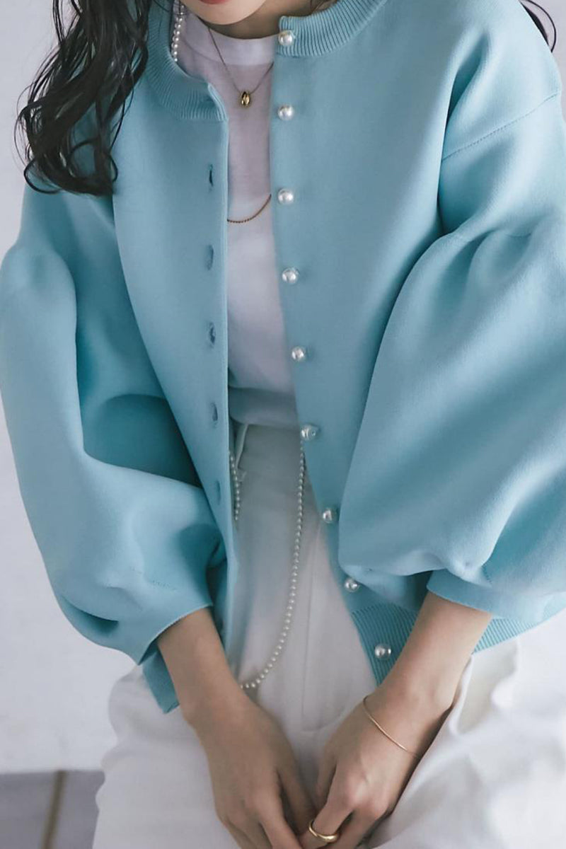 Balloon Sleeve Pearl Button Cardigan