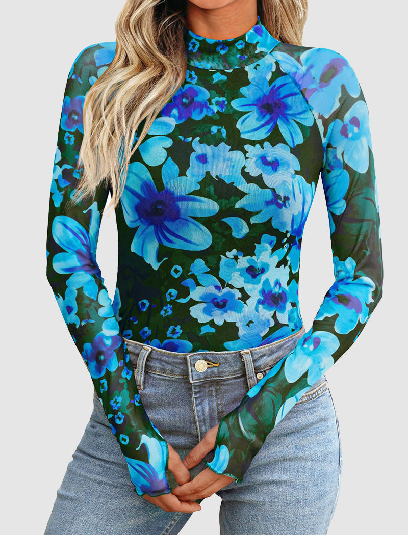 Floral Mesh Thumbhole Long Sleeve Top
