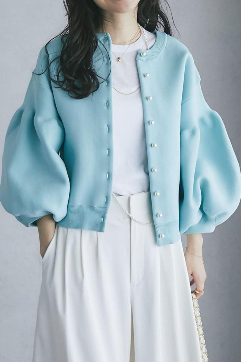 Balloon Sleeve Pearl Button Cardigan