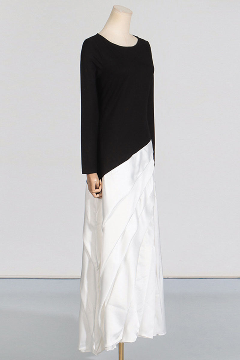 Irregular Pleated Color Blocked Long Dress