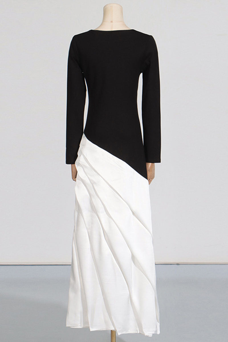 Irregular Pleated Color Blocked Long Dress