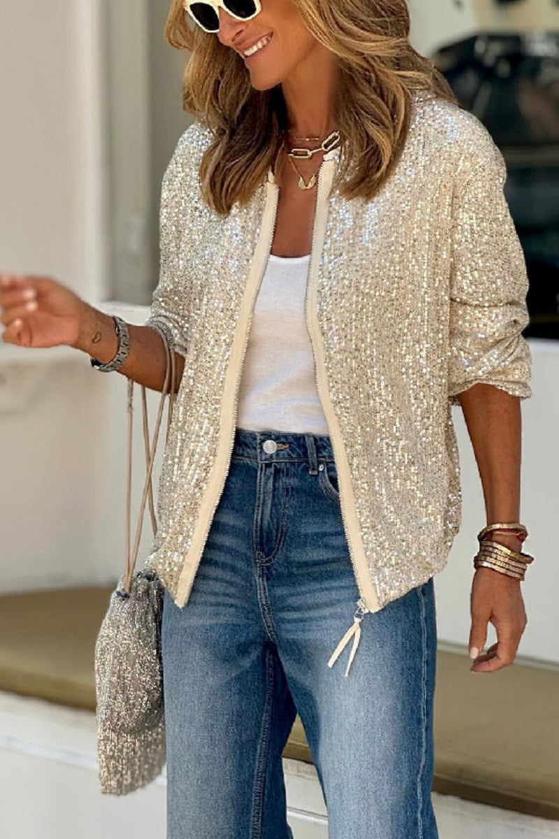 Sequin Bomber Jacket with Front Zip