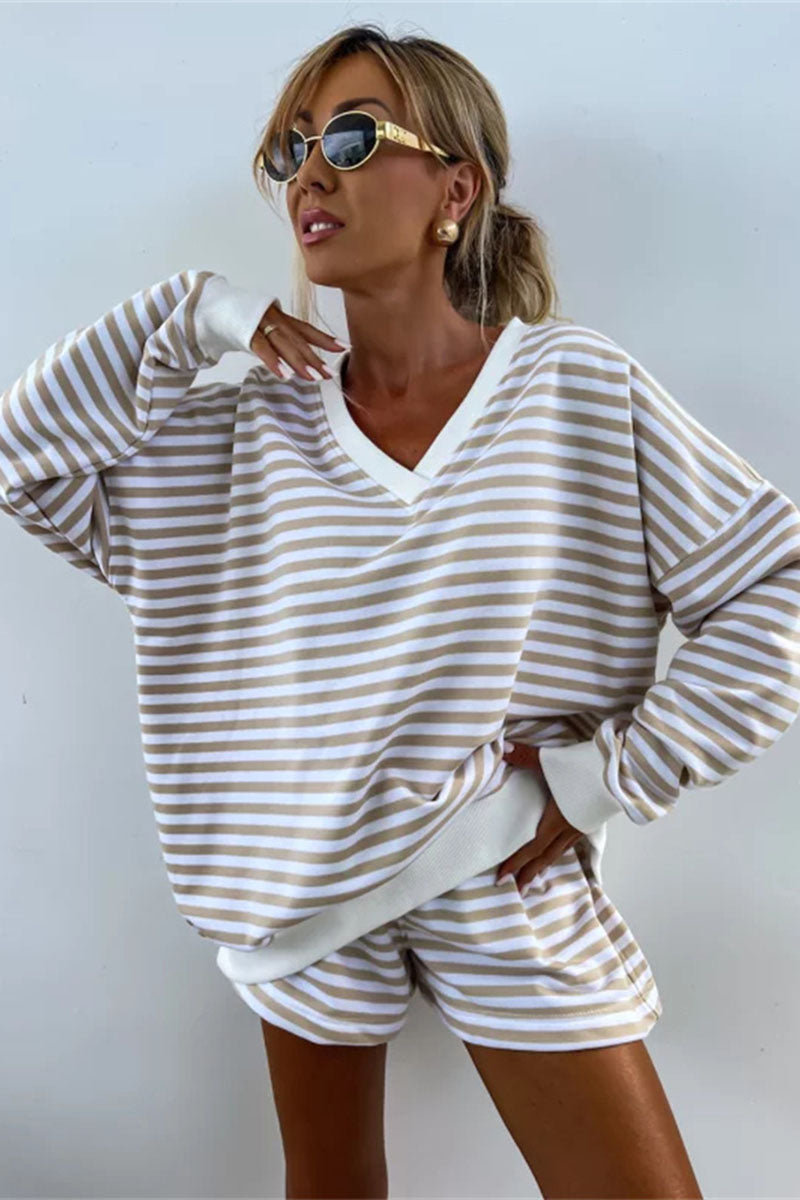 Striped V-Neck Pullover and Shorts Set