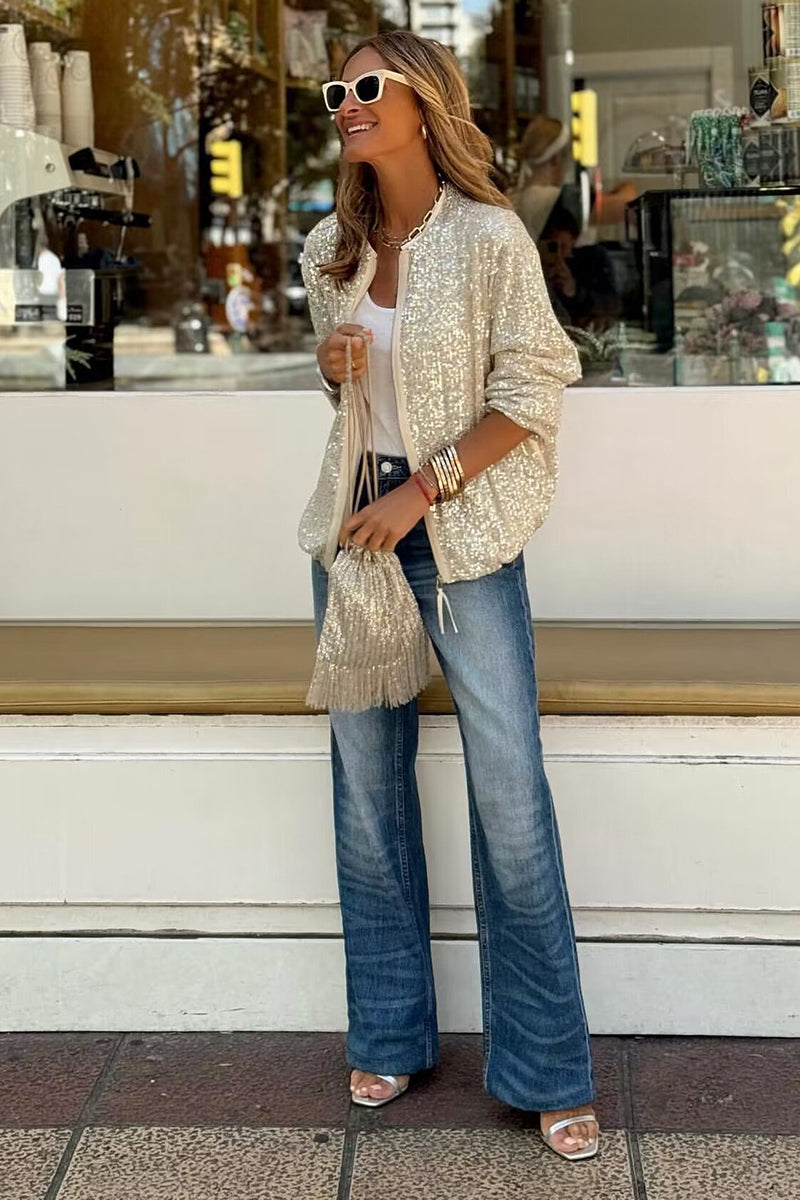Sequin Bomber Jacket with Front Zip
