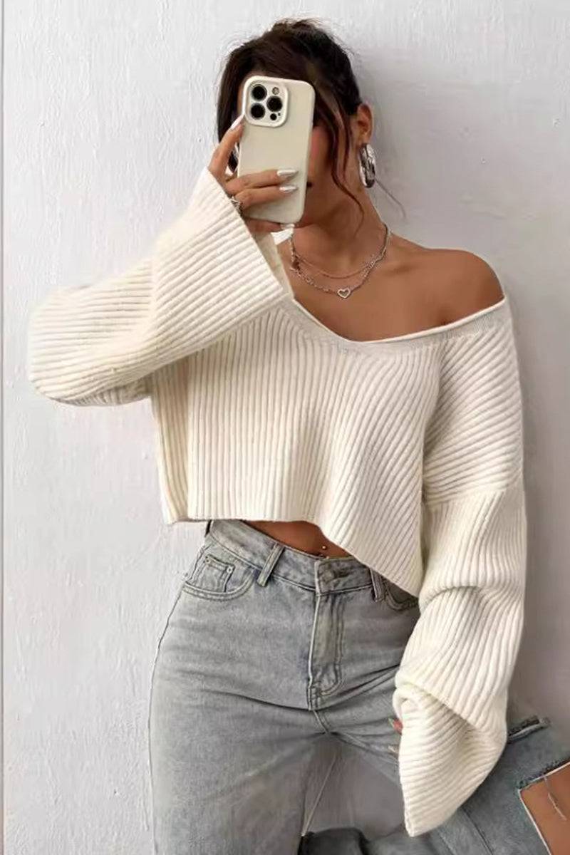Off-Shoulder Ribbed Cropped Sweater