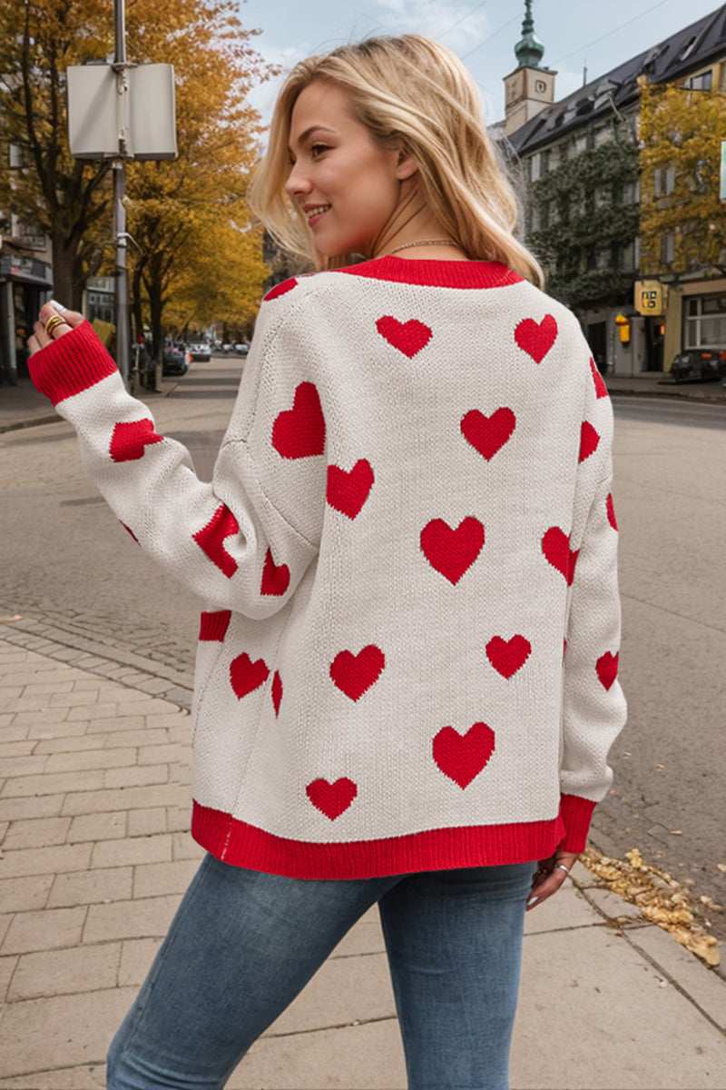 Button-Up Heart Patterned Cardigan