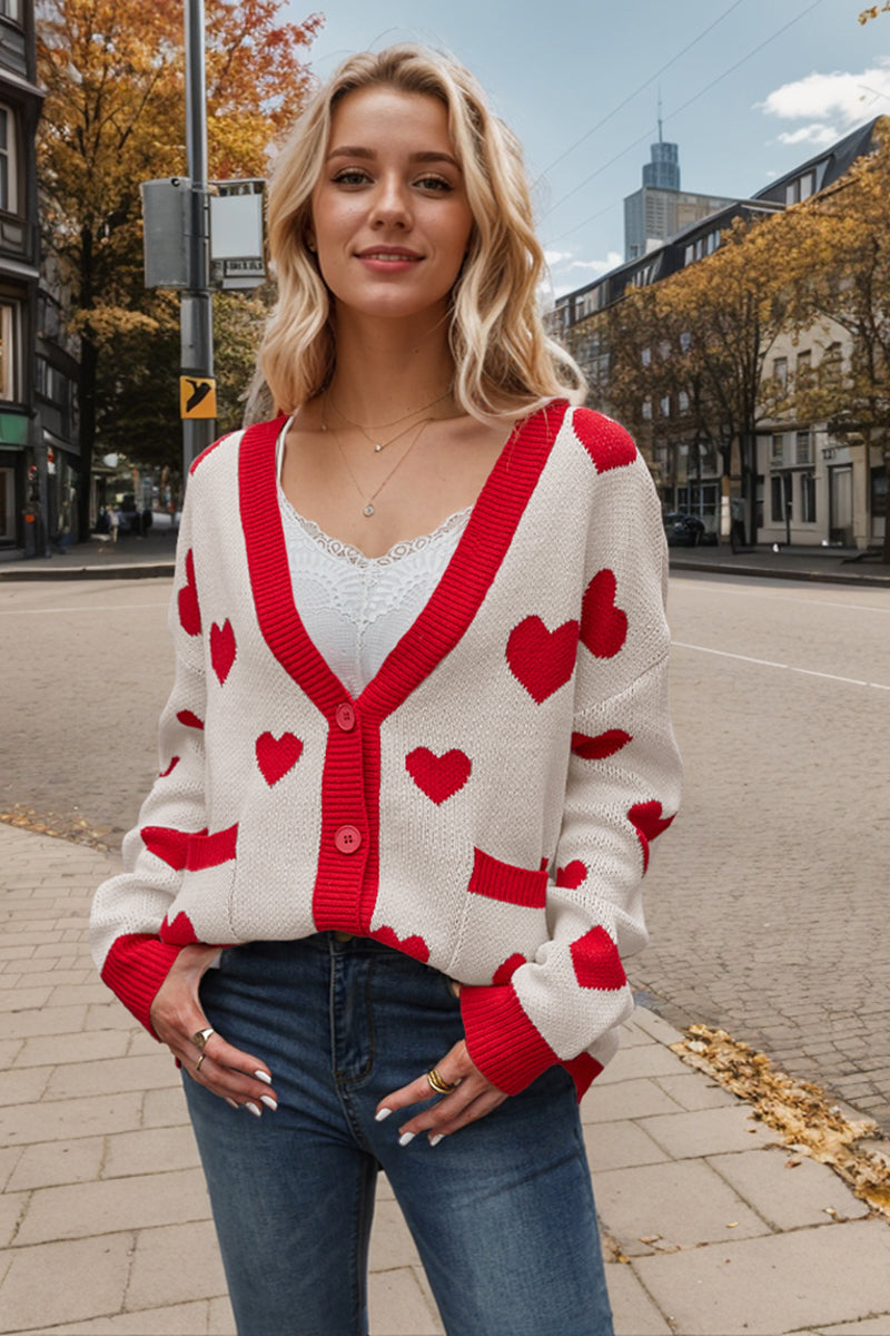 Button-Up Heart Patterned Cardigan
