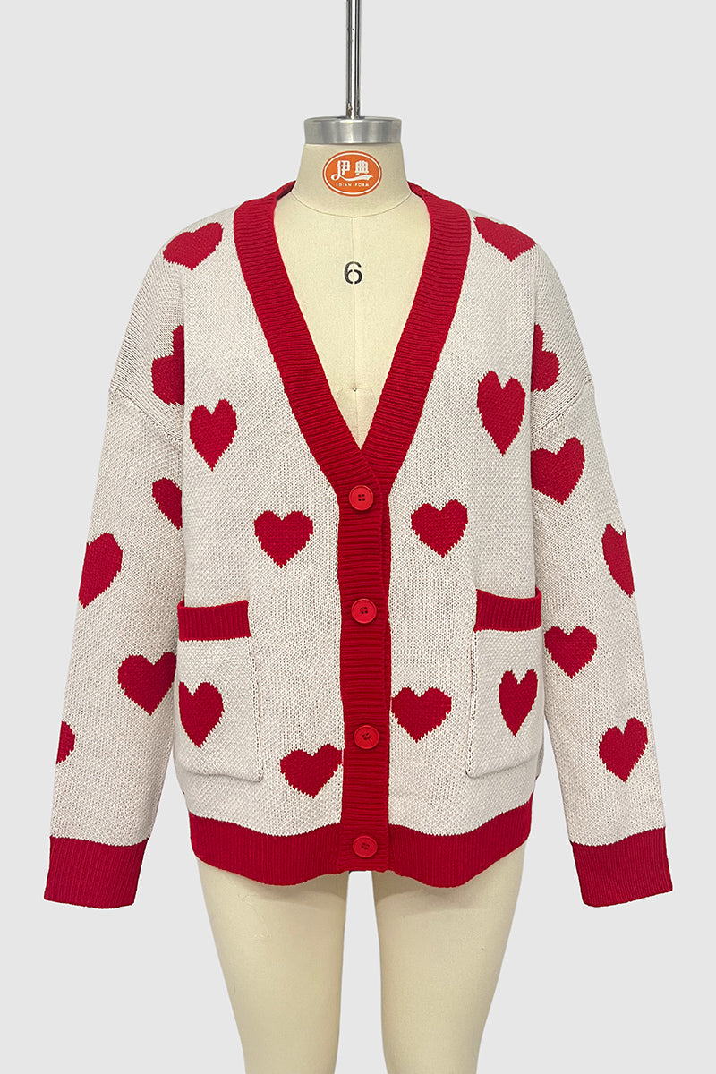 Button-Up Heart Patterned Cardigan