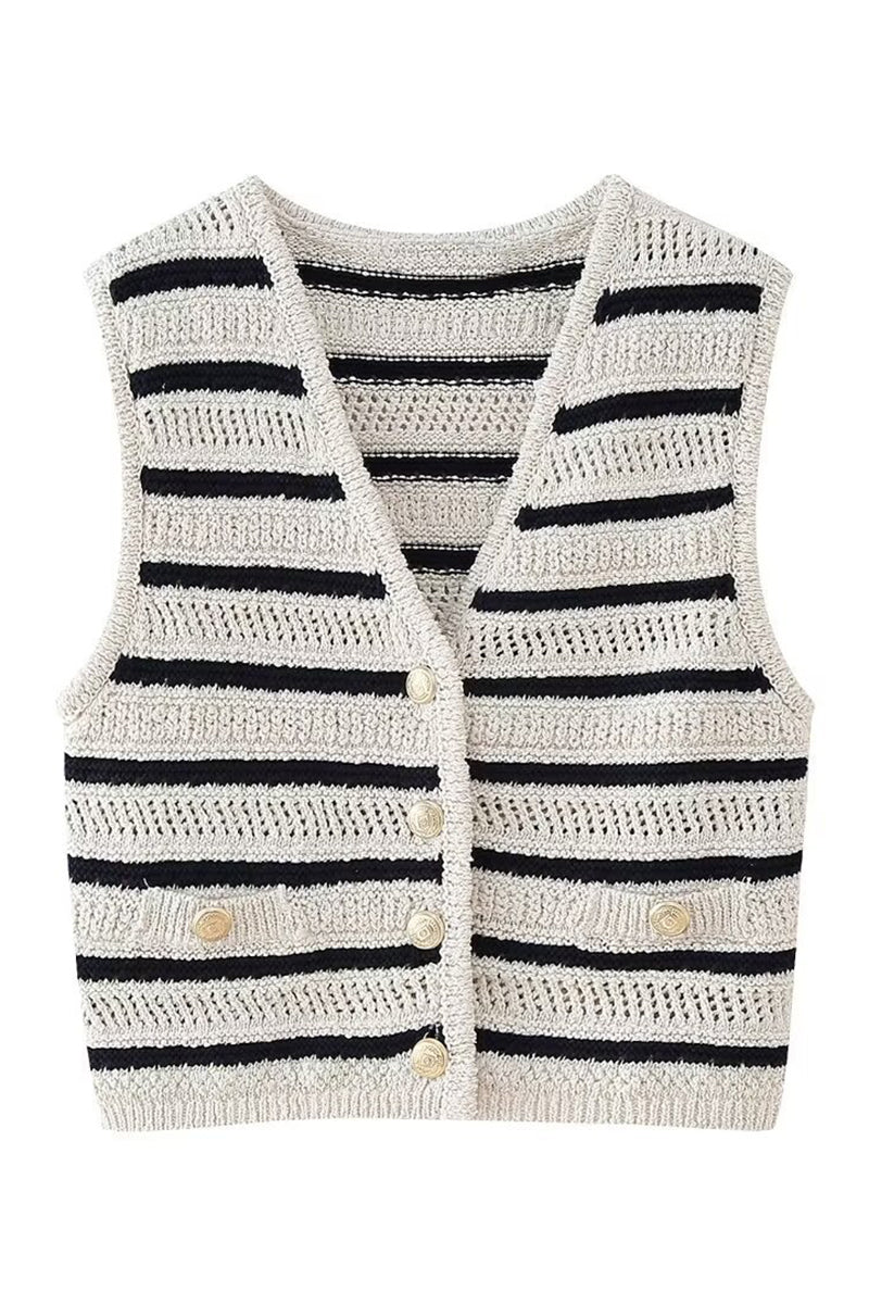 Buttoned Striped Sleeveless Vest