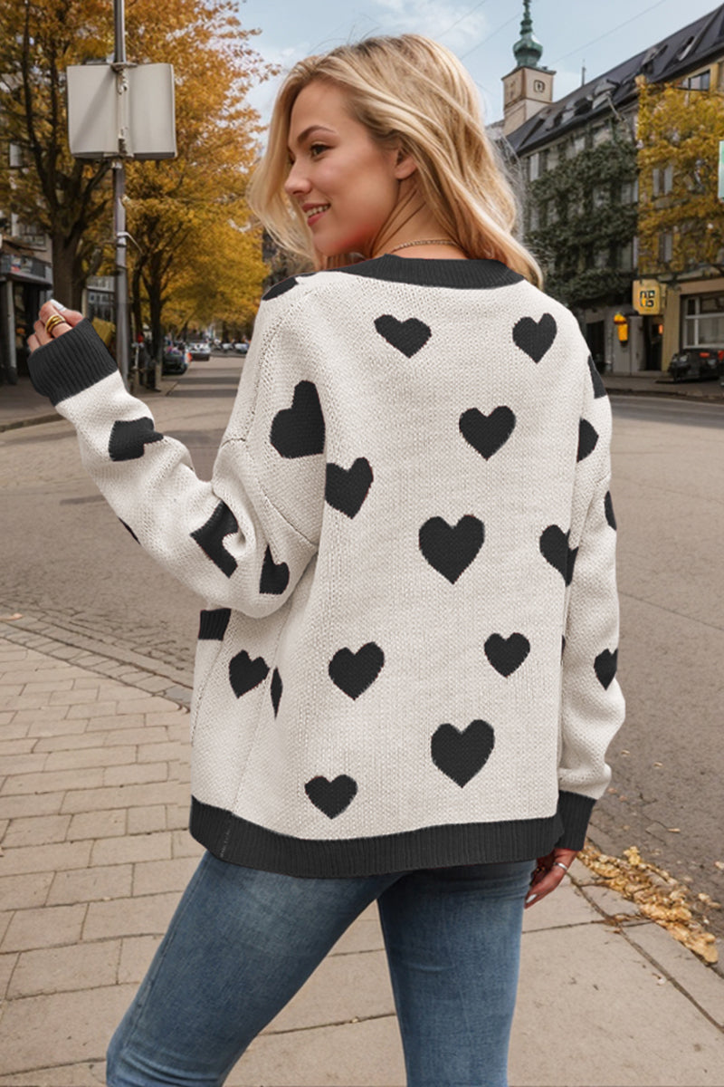 Button-Up Heart Patterned Cardigan