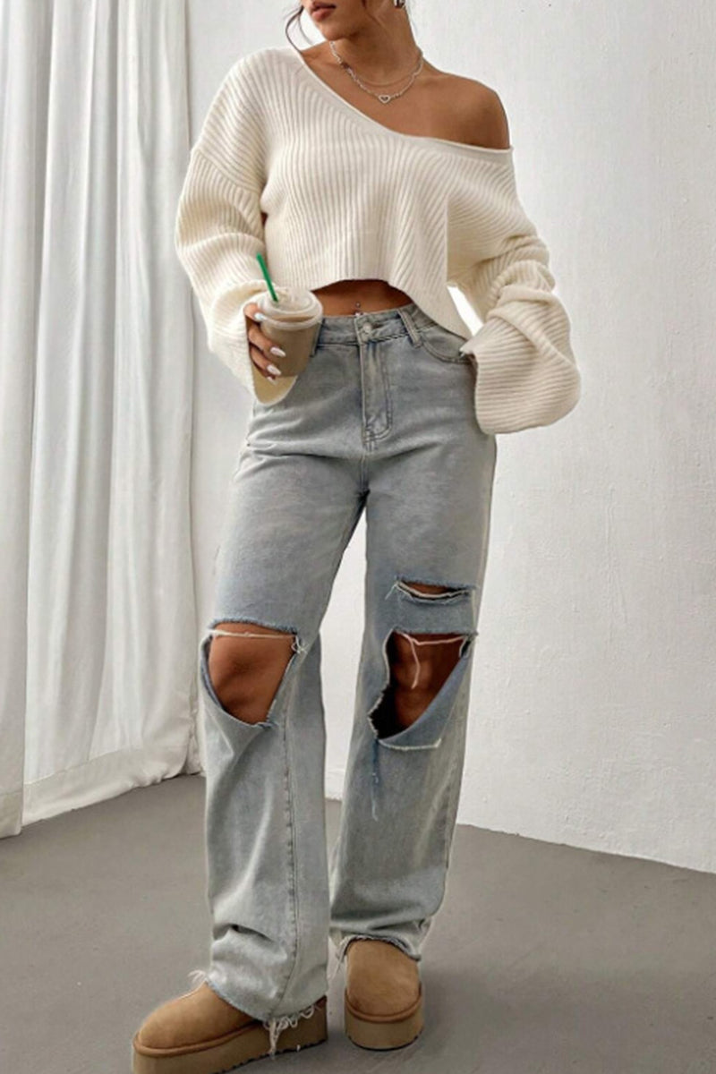 Off-Shoulder Ribbed Cropped Sweater