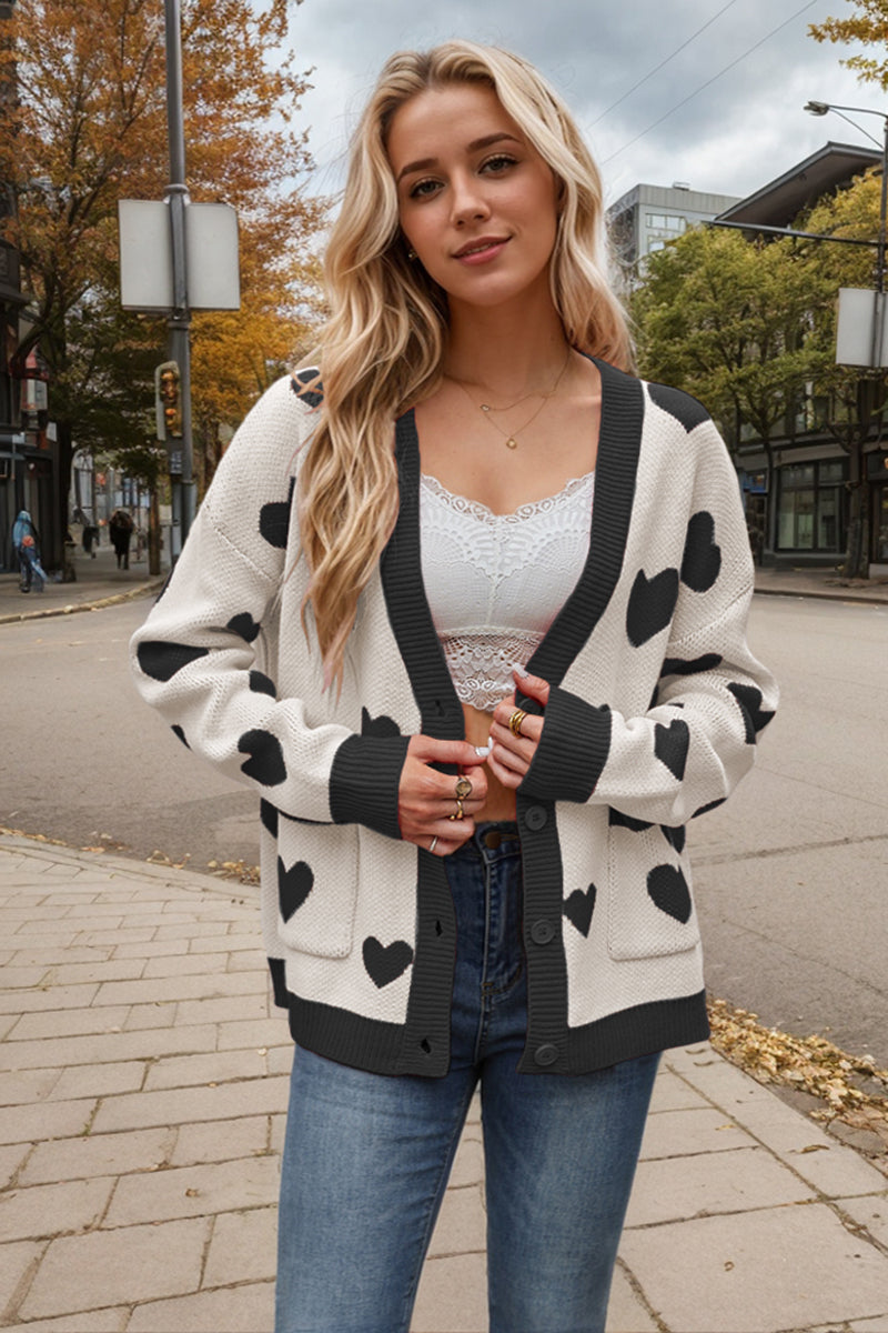 Button-Up Heart Patterned Cardigan