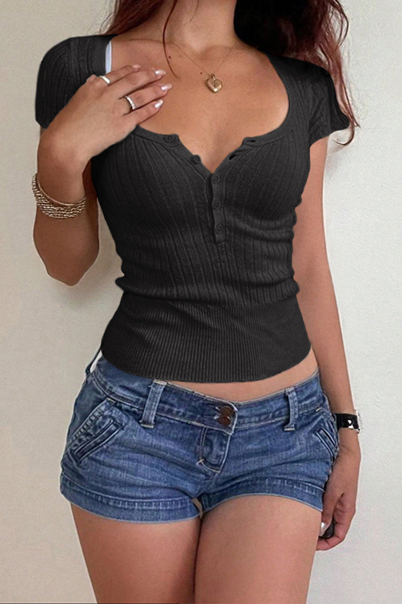 Buttoned Scoop Neck T-Shirt