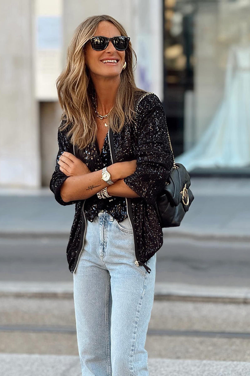 Sequin Bomber Jacket with Front Zip