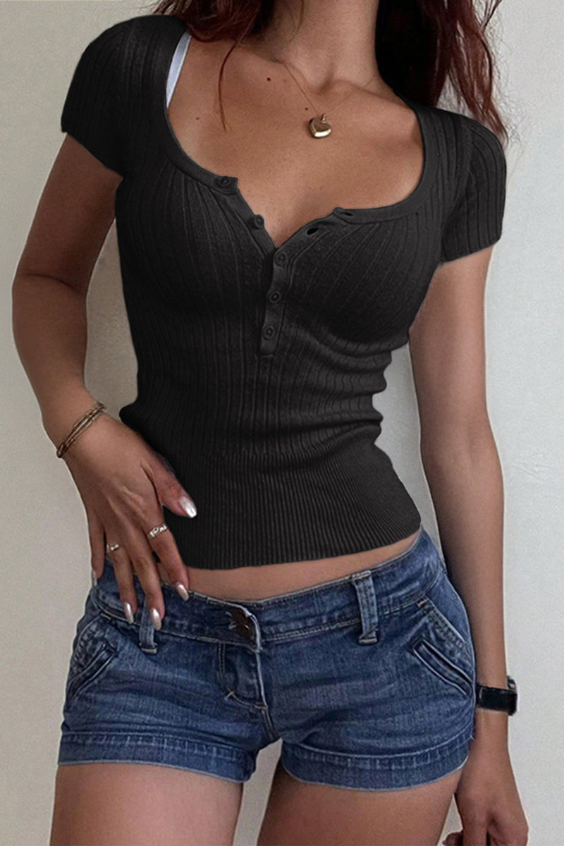 Buttoned Scoop Neck T-Shirt