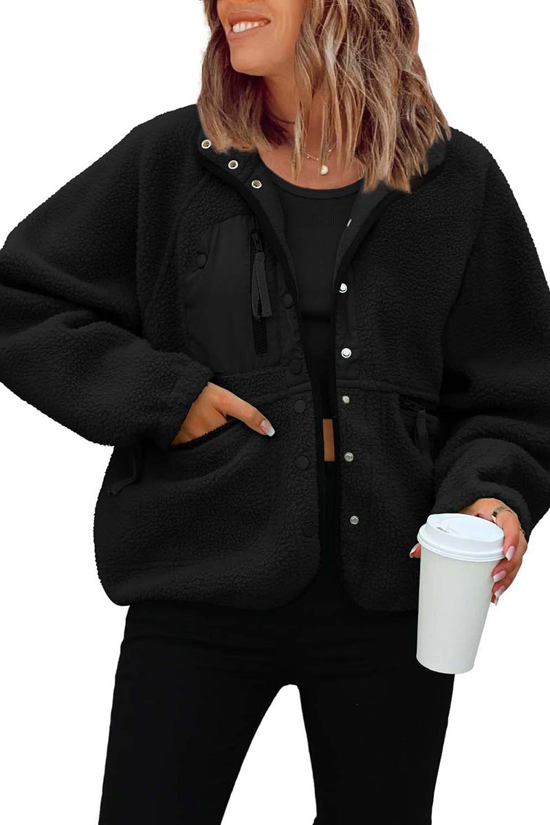 Buttoned Fleece Jacket with Pockets