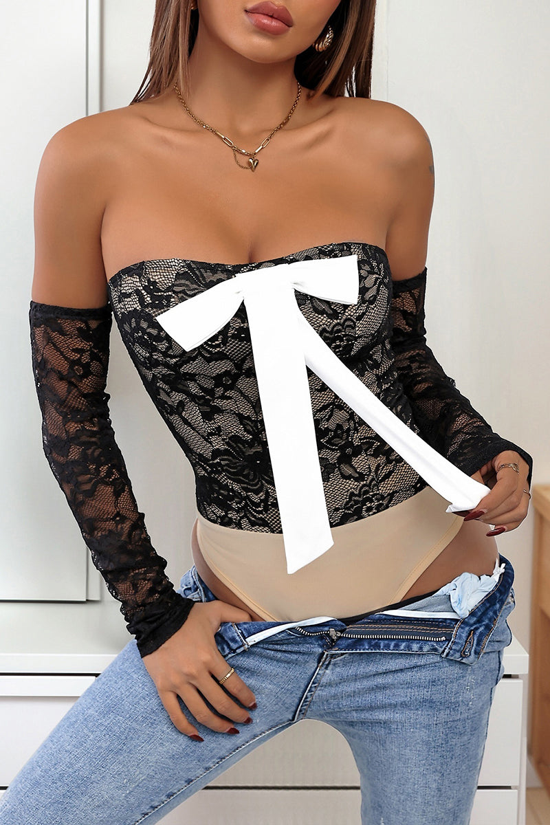 Off-Shoulder Bow Lace Bodysuit