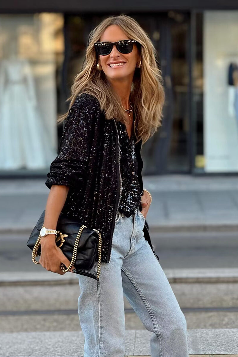 Sequin Bomber Jacket with Front Zip