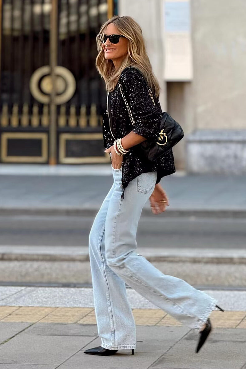 Sequin Bomber Jacket with Front Zip