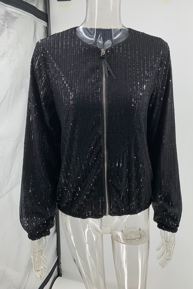 Sequin Bomber Jacket with Front Zip
