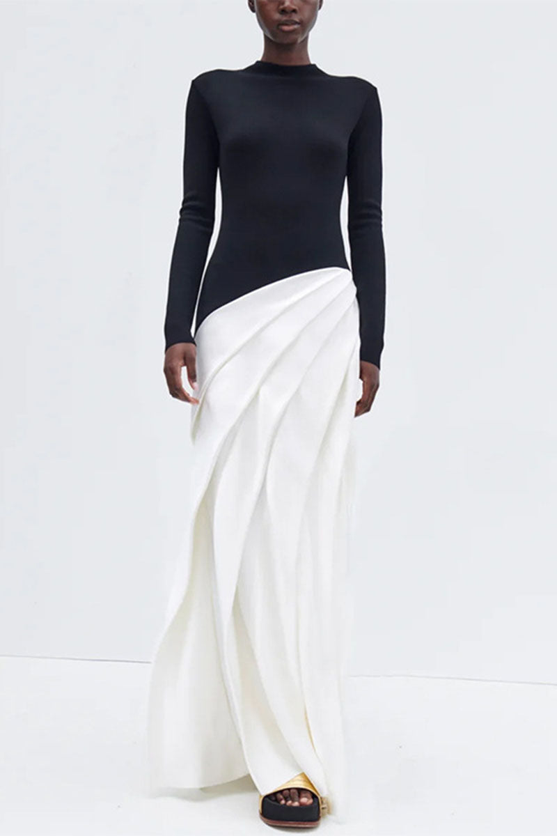 Irregular Pleated Color Blocked Long Dress