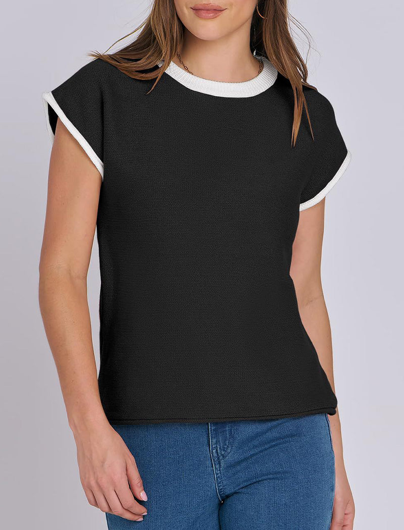 Cap Sleeve Contrast Trim Knit Top