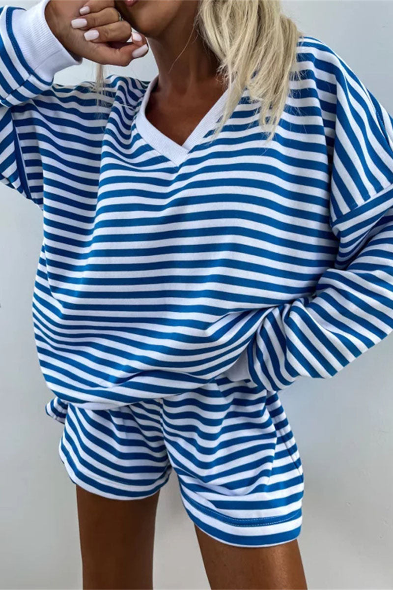 Striped V-Neck Pullover and Shorts Set