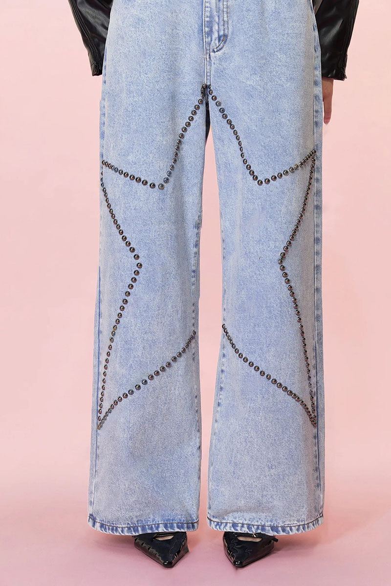 Embellished Wide-Leg Denim Pants