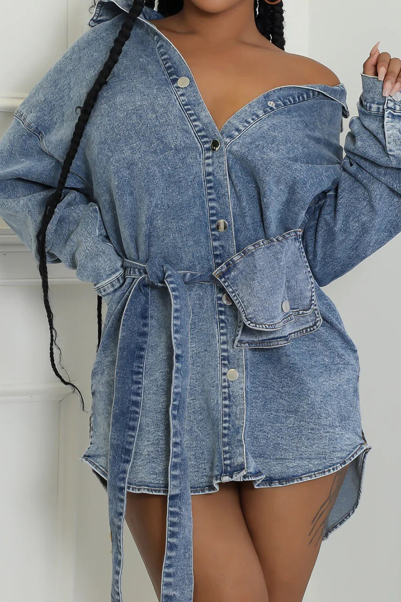 Belted Button-Down Denim Jacket