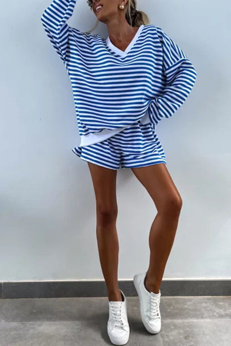 Striped V-Neck Pullover and Shorts Set