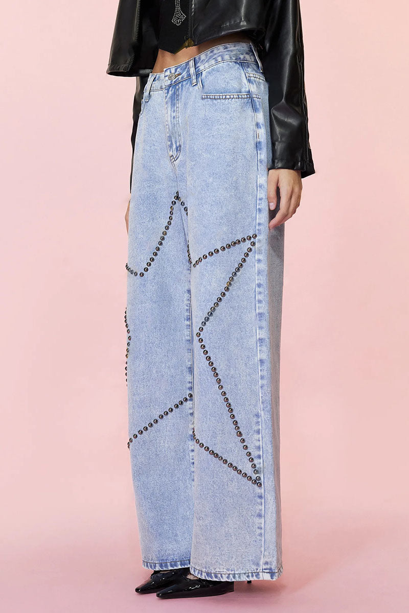Embellished Wide-Leg Denim Pants