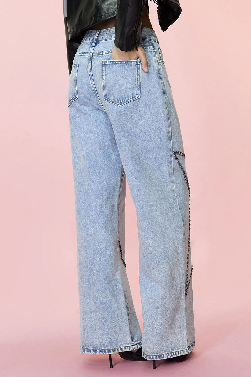 Embellished Wide-Leg Denim Pants