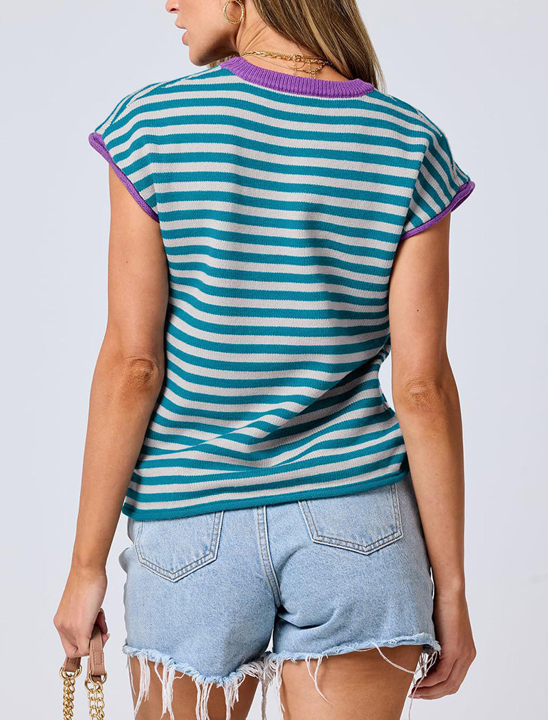 Cap Sleeve Contrast Trim Knit Top