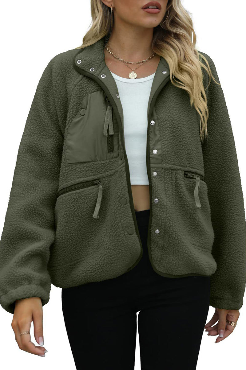 Buttoned Fleece Jacket with Pockets