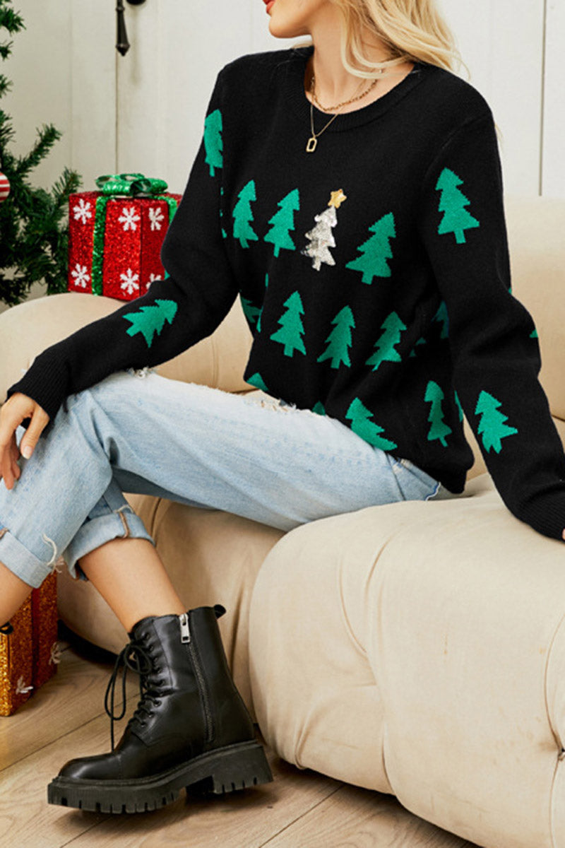 Festive Tree Print Knit Sweater