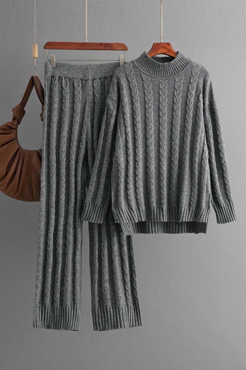 Cable Knit Mock Neck Sweater and Pants Set